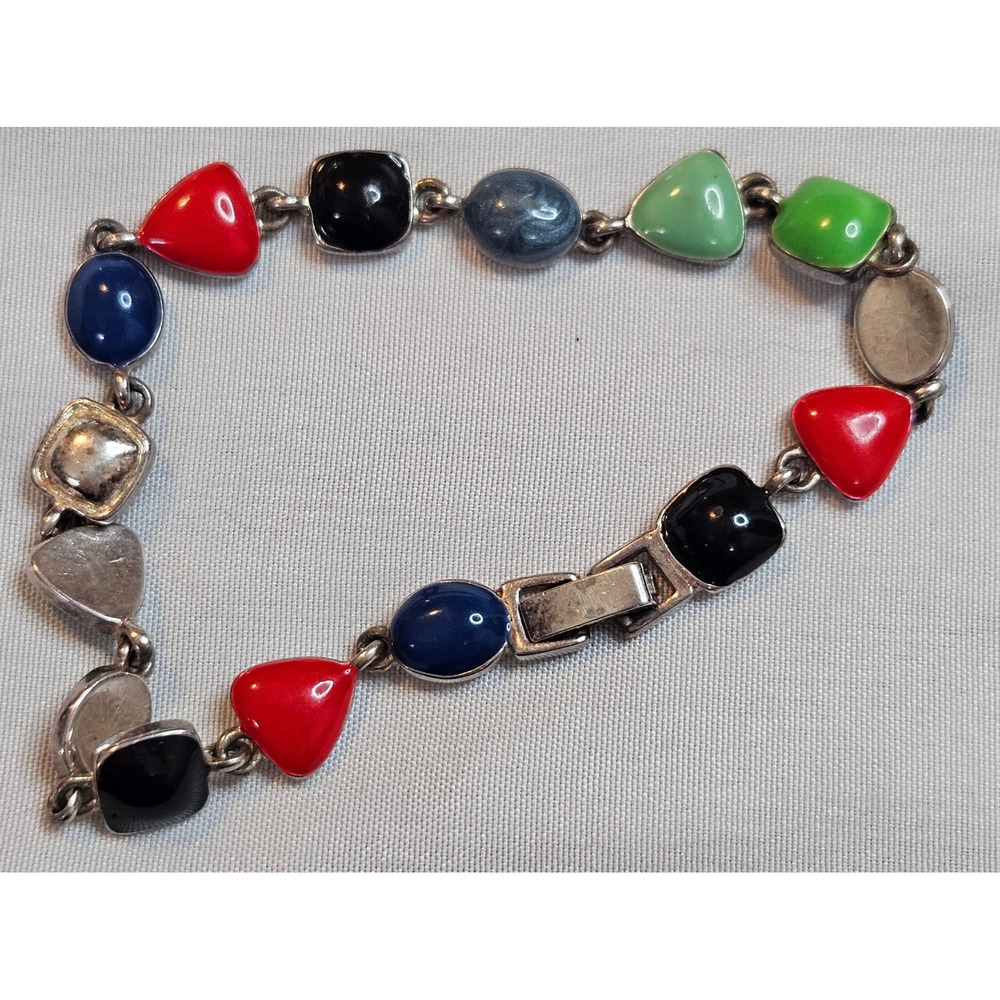 Vintage Silver Tone Multi Color Geometric Enamel Link Bracelet 7.5 Inch